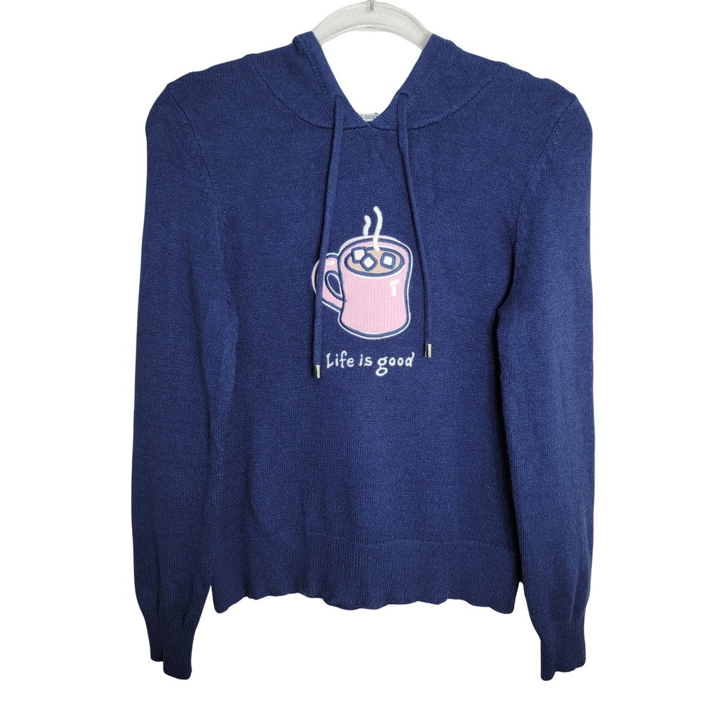 Life is Good Womens Blue Hot Cocoa Mug Graphic Knit Hoodie Sweater Small